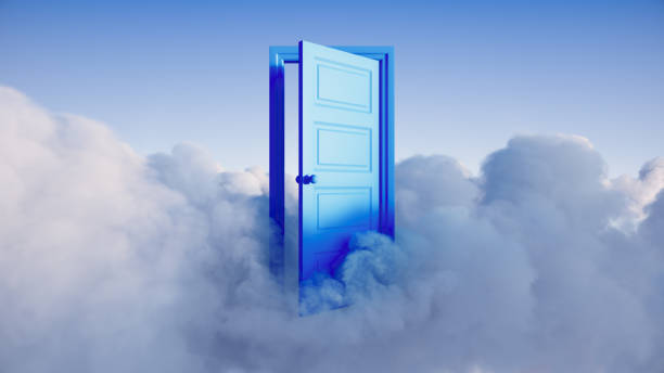 3d render, abstract background, white clouds with blue door opening